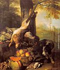 Still-life of Dead Birds And Hunting Weapons Paintings - Still Life with Dead Hare and Fruit by Alexandre-Francois Desportes